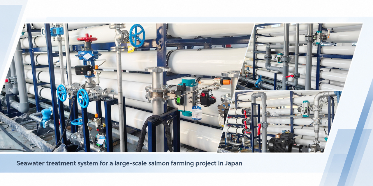 Salmon farming seawater treatment system with industrial valves in Japan Sistema de tratamento de água do mar para cultivo de salmão com válvulas industriais no Japão