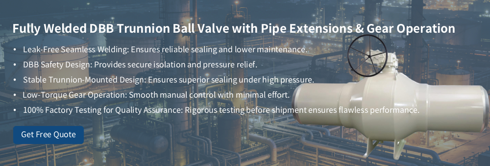 V&aacute;lvula de esfera munh&atilde;o DBB totalmente soldada com extens&otilde;es de tubo e opera&ccedil;&atilde;o de engrenagem